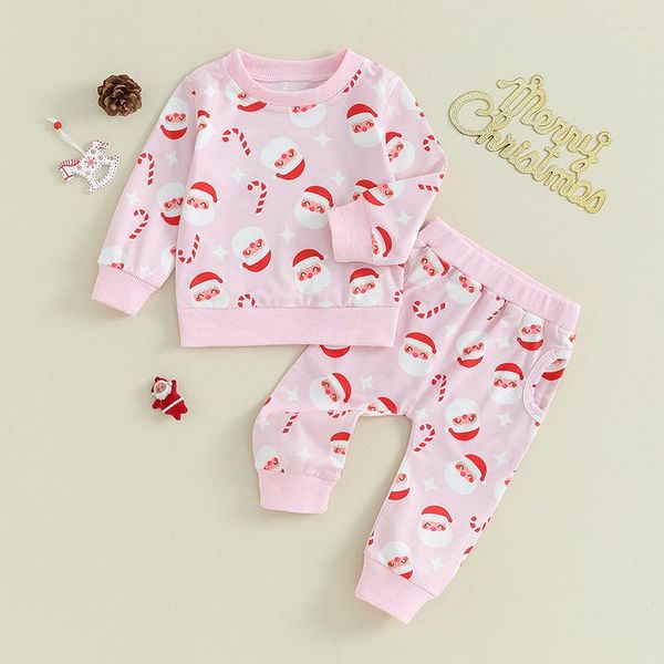 Set di abbigliamento Bambino Neonata 2 pezzi Set di vestiti di Natale Babbo Natale con stampa di bastoncini di zucchero Felpa girocollo a maniche lunghe Top Pantaloni Tuta