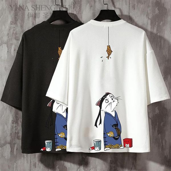 Rundhalsausschnitt im chinesischen Stil Tops Nationale asiatische Kleidung Harajuku Kimono Streetwear T-Shirt Hip Hop Katzendruck Sommer japanisches Top Ethn241Z