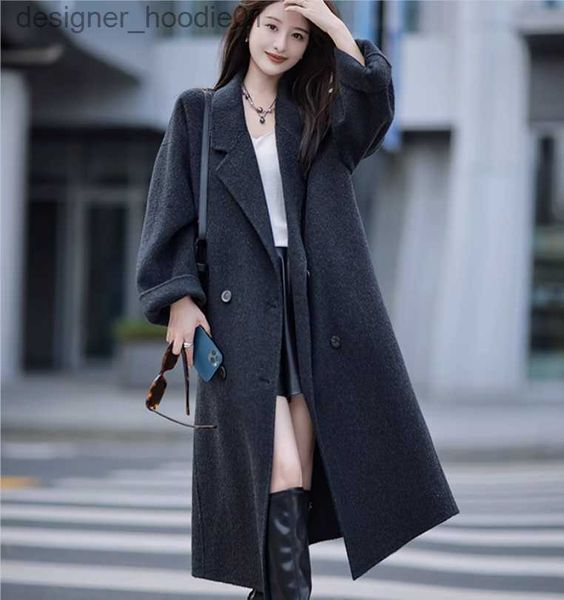 Frauen Wollmischungen 2023 Herbst Winter Neue Wollmantel Frauen Koreanische Femme Grau Wilde Wolljacke Weibliche Mode Lange Lose Damen Mantel Q805 L230920