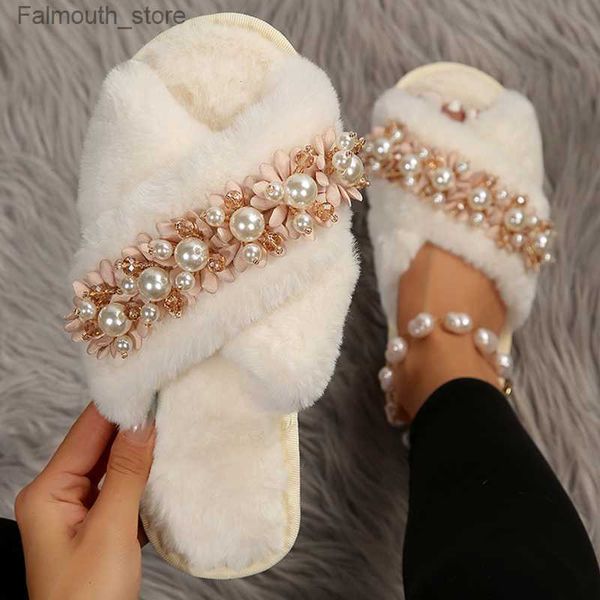 Hausschuhe Cross Strap Perle Dekor Flauschige Hausschuhe Frauen 2023 Neue Flache Heels Warme Fell Hausschuhe Frau Anti Slip Indoor Outdoor winter Rutschen Q230920