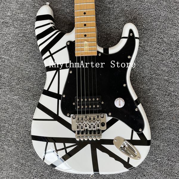 Guitarra elétrica ST de alta qualidade, corpo listrado preto e branco personalizado, escala de bordo, frete grátis.
