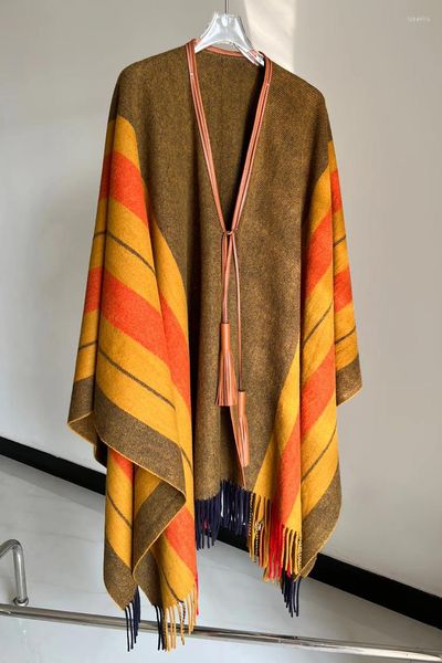 Lenços 90% lã 10% cashmere laranja poncho couro franja design listrado retalhos oversized xale envoltório cachecol inverno