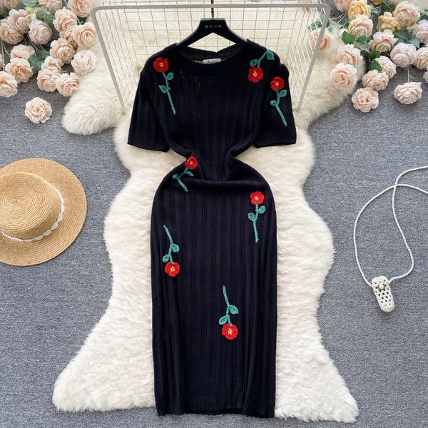Французское винтажное трикотажное платье с цветочной вышивкой и круглым вырезом, ранняя осень, маленькая и роскошная, изысканная и красивая юбка