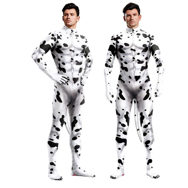 Catsuit-Kostüme für Erwachsene, Unisex, Cosplay, Jumpsuits, gefleckter Hund, Tierdruck, schmaler Bodysuit, Party, elastisch, sexy Kostüm, Zentai mit Schwanz, ausgefallenes Outfit