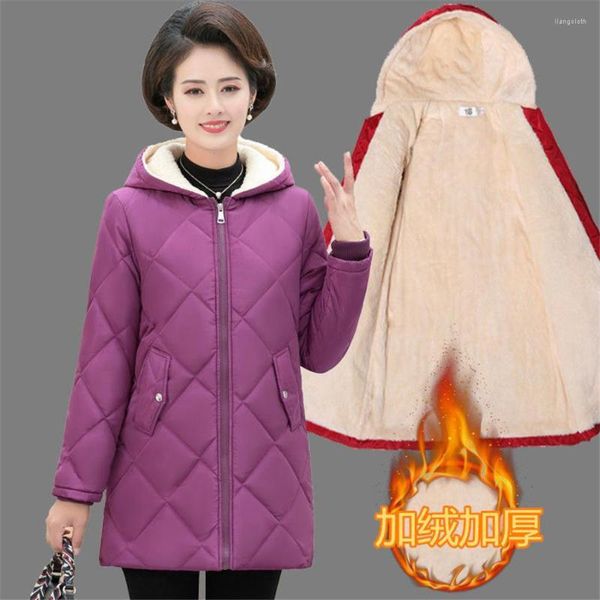 Feminino para baixo 2023 direto da fábrica outono inverno senhora de meia idade jaqueta com capuz feminino fino mais cashmere casaco quente tamanho casual wam