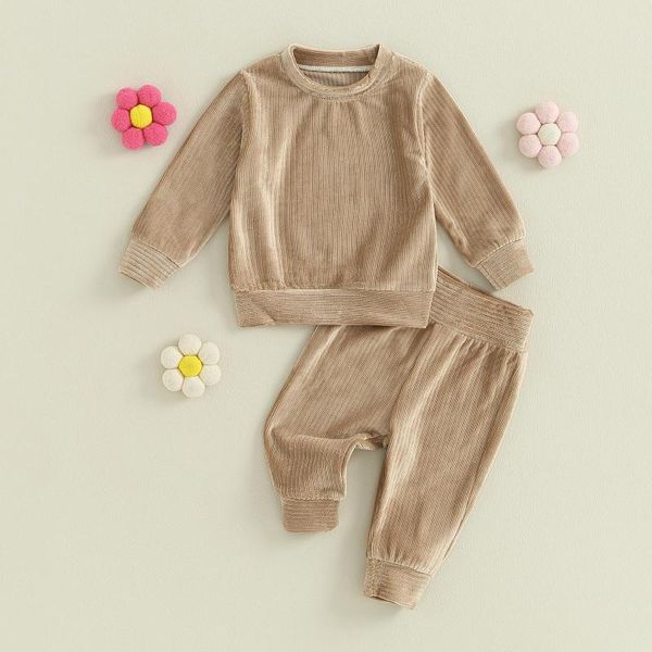 Set di abbigliamento Solido Casual Infantile Neonate Ragazzi Autunno Inverno Vestiti Completi Top a maniche lunghe a costine Pantaloni Set da 2 pezzi Bambini