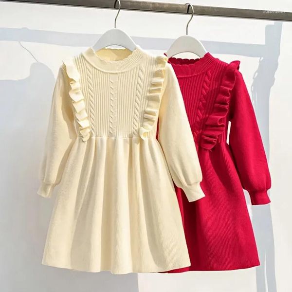 Vestidos para meninas de 3 a 14 anos, suéter infantil para meninas, blusas de malha com babados sólidos, vestido quente de inverno para adolescentes 8 9 11 12 13