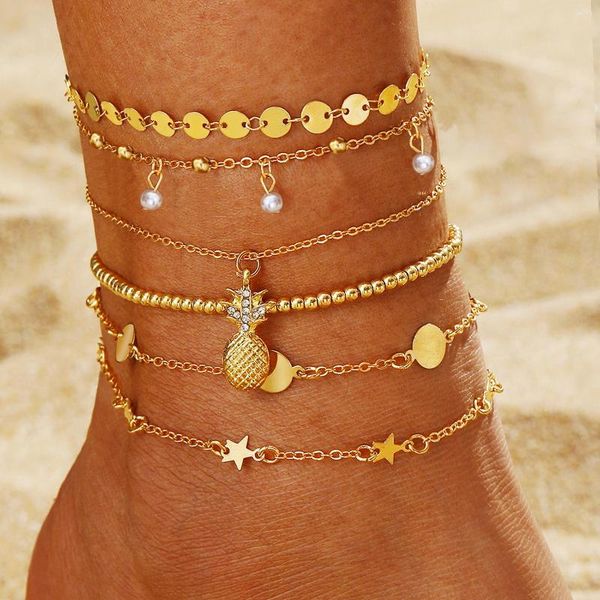 Braccialetti a maglie Bohemia Colore oro Catena di ananas Bracciale alla caviglia sulla gamba Gioielli per piedi Set di cavigliere con ciondoli a forma di stella Boho per accessori da donna