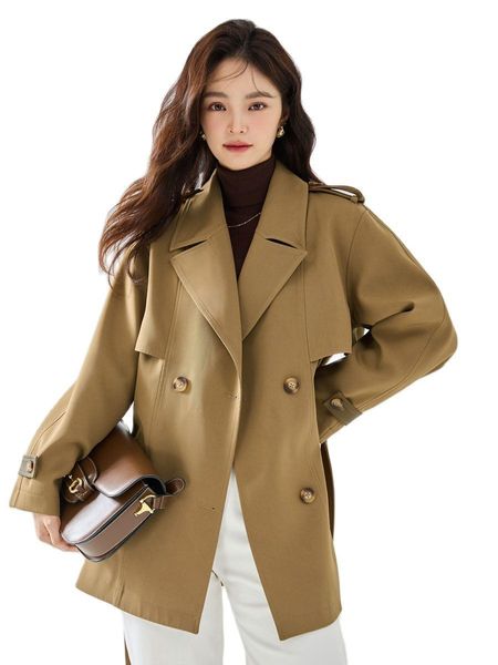 Женский плащ, осенне-зимний двубортный ветрозащитный пиджак на шнуровке, однотонная куртка для офисных леди 230920