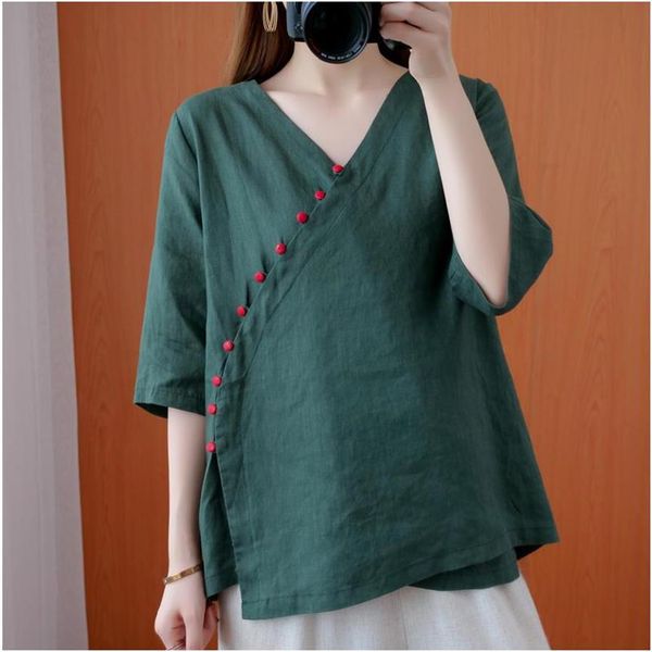 Roupas étnicas Mulheres Retro Camisa de Linho de Algodão Estilo Chinês Blusa Casual Senhora Elegante Verde Solto Irregular Qipao Tops Zen Tea R260L