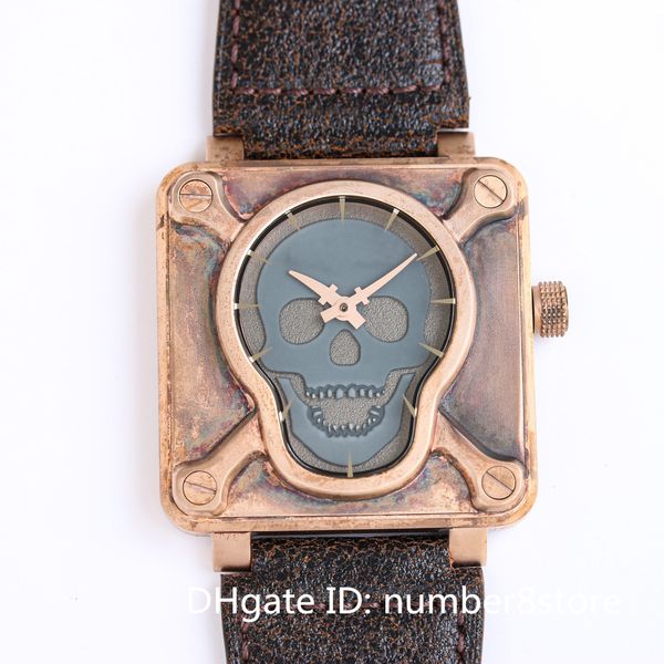 BR01 Totenkopf-Bronze, quadratische Herrenuhr, ETA 2824, automatisches Uhrwerk, photolumineszierendes schwarzes Zifferblatt, Saphirglas, wasserdichte Schweizer Oversize-Armbanduhr