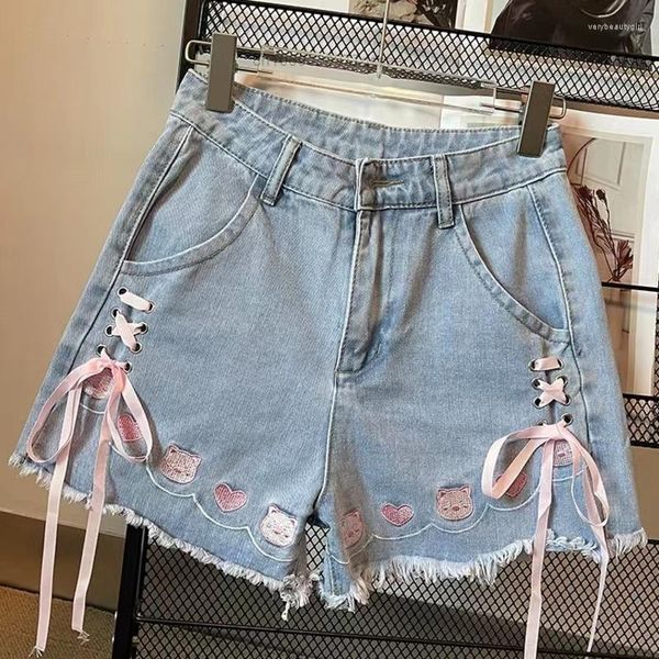 Calças de brim femininas 2023 verão doce bordado mulheres denim calças tendência y2k baggy curto laço harajuku solto chique casual perna larga shorts