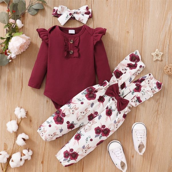 Conjuntos de roupas 018 meses bebê menina roupas conjunto cor vermelha mangas compridas bodysuit flor cinta calças 2pcs anos infantis terno 230919