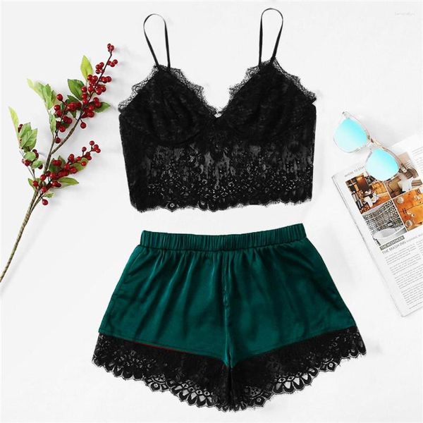 Indumenti da notte da donna Moda donna Lingerie di pizzo Top Pantaloncini Set Pigiama babydoll con ricamo trasparente Set biancheria intima da notte