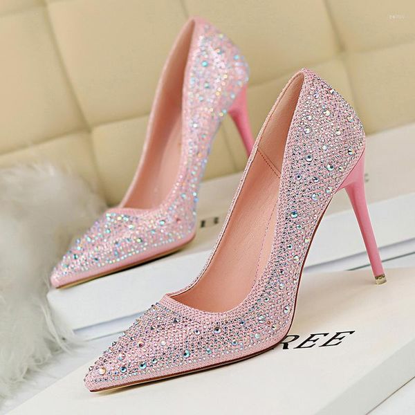 Scarpe eleganti Tacchi dorati Décolleté da donna Glitter Crystal High Pink Elegant Wedding Chaussures Femme Stiletto Zapatos De Mujer
