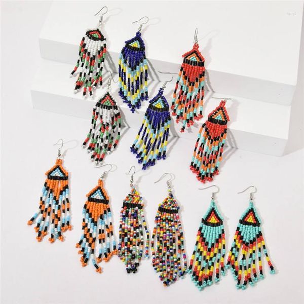 Dangle Brincos Arroz Bead Tassel Mão Tecelagem Bohemia Tubo Longo Gradiente Retro Tidal Corrente Liga Frisada