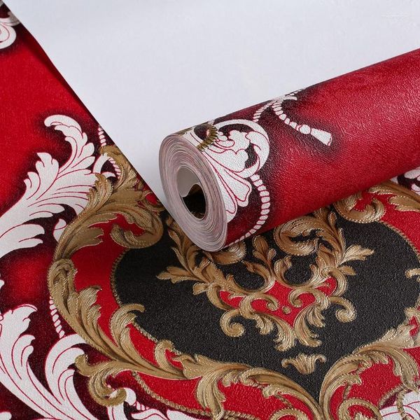Tapeten Luxus 3D-rote Damast-Tapete Europäische geprägte Blumenwandpapier Schlafzimmer Wohnzimmer EL KTV-Rolle