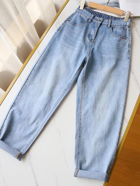 Женские джинсы 2023, S-5XL, весенняя мода, свободные брюки-шаровары для мамы, синие джинсовые длинные брюки-шаровары женские с высокой эластичной резинкой на талии
