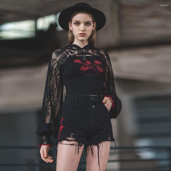 Herrenjacken Damen Gothic Kurzer Sonnenschutzmantel „Bramble Roses“-Serie Kapuzenperspektive Spitzenjacke