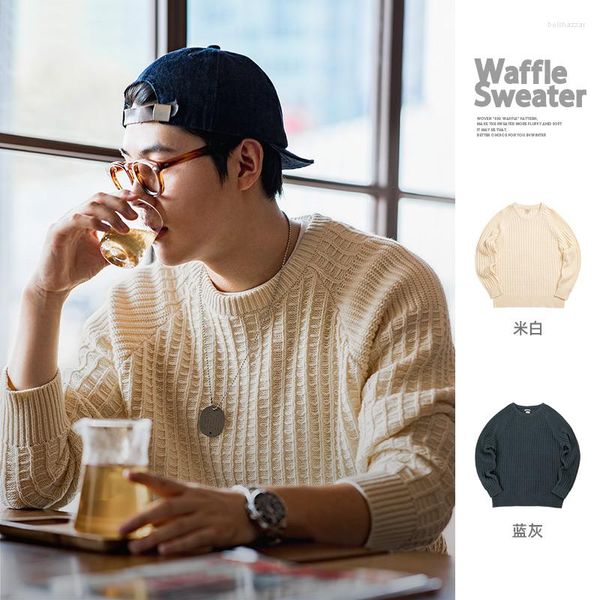 Camisolas masculinas maden 2023 outono waffle em torno do pescoço de malha casual harajuku quente sólido pulôver clássico moda solta jumper roupas masculinas