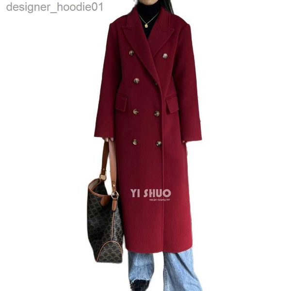 Misto lana da donna Cappotto coreano di lana rossa di alta qualità Colletto doppio petto Abbigliamento Capodanno X-lungo inverno Addensare caldo cappotto di lana 2023 Nuovo L230920