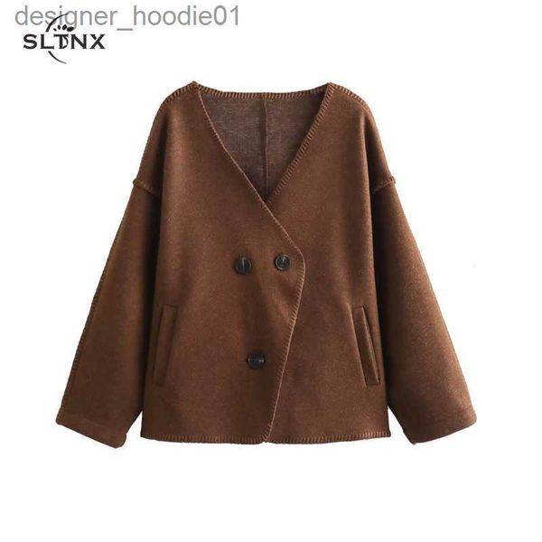 Misturas de lã feminina SLTNX casacos de lã para mulheres 2023 inverno marrom com decote em v feminino outerwear senhoras vintage jaquetas trespassadas parkas roupas l230920