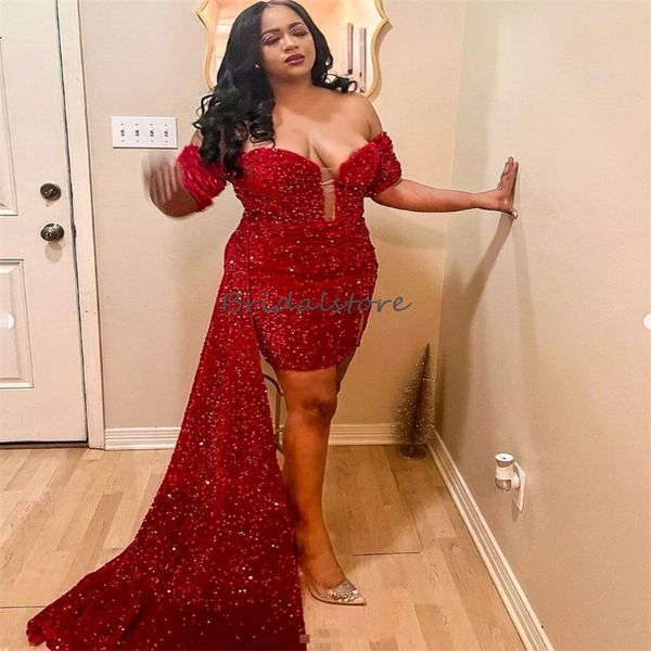 Plus Size Rotes Pailletten-Abschlussballkleid mit Schleppe Spark Mini Kurzes Cocktailpartykleid 2023 Schwarzes Mädchen Aso Ebi Abend-Geburtstagskleid Schicker Frauen-Abschluss-Clubrock