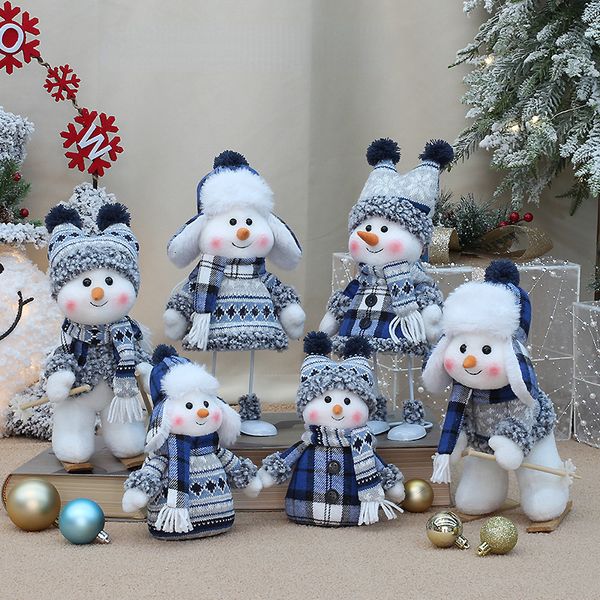 Decorações de Natal Série Azul Boneco de Neve Pano Bonecas Retráteis Decoração para Enfeites de Árvore Santa Estatueta Presentes de Natal Artesanato Decoração de Casa 230920