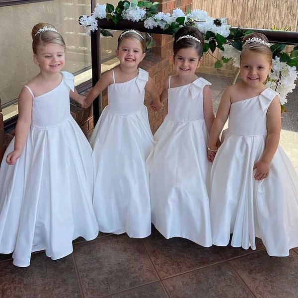 White Lovely Vintage Girls Dresses Spaghetti Strap Satin Length Frons Kids Birthday Party Dress Flower Child Vestido de baile com Bow 403