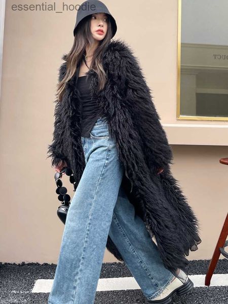 Kadın Kürk Faux Fur 2023 Yeni Moda Siyah Sahte Kürk Peplum Beg Ceket SHAGGY Dış Giyim Kadın Kış Giyim Ücretsiz Kargo L230920