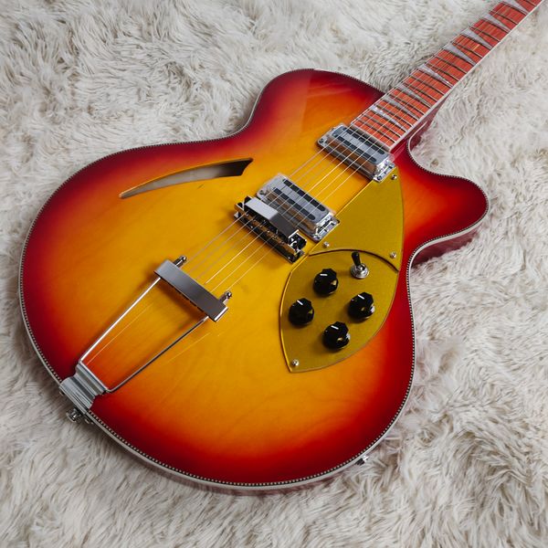 370 6-saitige Cherry Sunburst Fire Glo E-Gitarre mit halbhohlem Korpus, einzelnes F-Loch, Schachbrettbindung, goldenes Schlagbrett, Glanzlack, Griffbrett, Dreieckseinlage