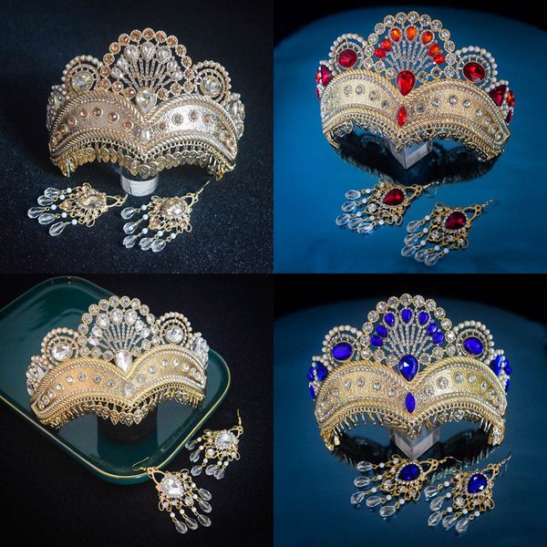 Hochzeit Schmuck Sets Barock Rot Kristall Braut Frauen Party Pageant Diadem Tiaras Ohrringe Choker Braut Krone Indische Dubai Set 230920