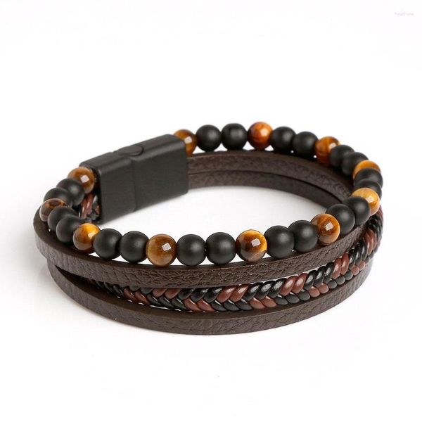 Link pulseiras pulseira de couro masculino com fecho de aço inoxidável frisado multi camada trançada pulseiras corrente para presente de jóias