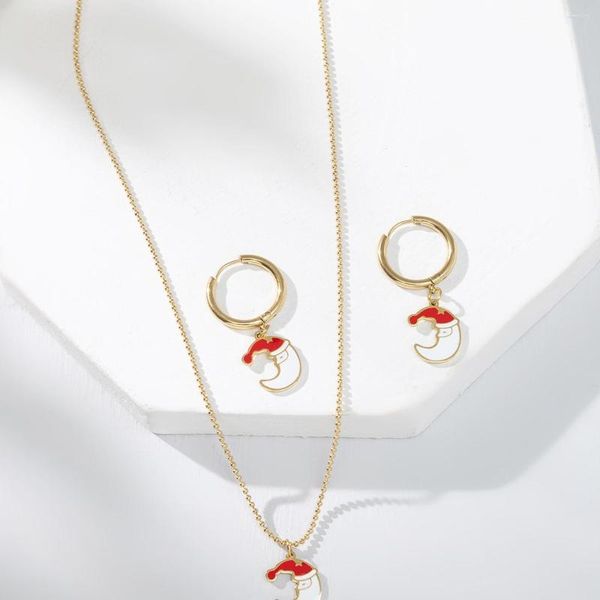 Halskette Ohrringe Set GD Eleganter, trendiger, minimalistischer, vergoldeter Edelstahl, Weihnachtsmann, Mond, süßer Reifen für Damen, Damenschmuck