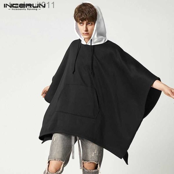 Capa feminina 2023 moda masculina hoodies retalhos com capuz bolsos streetwear capa irregular moletom masculino solto casual ponchos S-5XL l230920