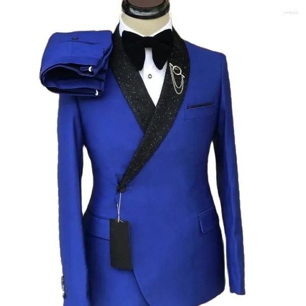 Abiti da uomo Luxury Blue 2 pezzi Nero lucido Collo a scialle Cena Party Wear Blazer Pantaloni Wedding Groom Tailored Jacket Pants