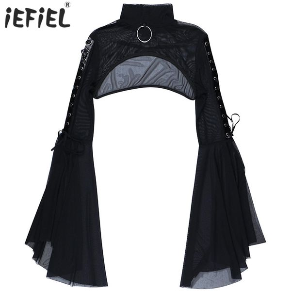 Canotte da donna Cami s Gothic Punk Manica svasata Crop Top Rave Party Cosplay Outfit See through Mesh Shrug Collo a lupetto O Ring Lace up Tops Clubwear 230919