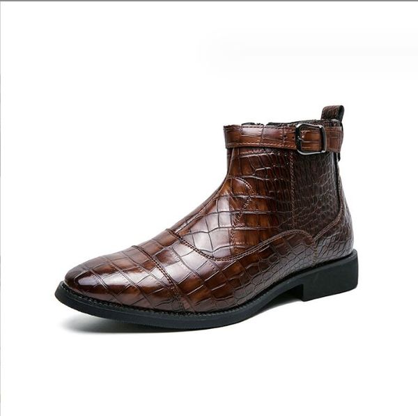 Yeni kahverengi erkek botlar fermuarlı taş desen siyah yuvarlak ayak parmağı iş kısa botları erkekler için 38-48 erkekler için parti ayakkabıları