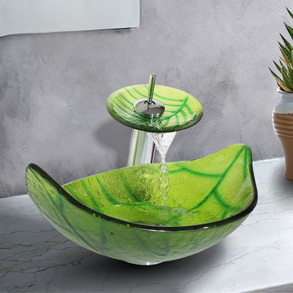 Lavabo da bagno in vetro temperato artigianale da appoggio lavabo a forma di foglia lavabi guardaroba vaso per shampoo DF1237