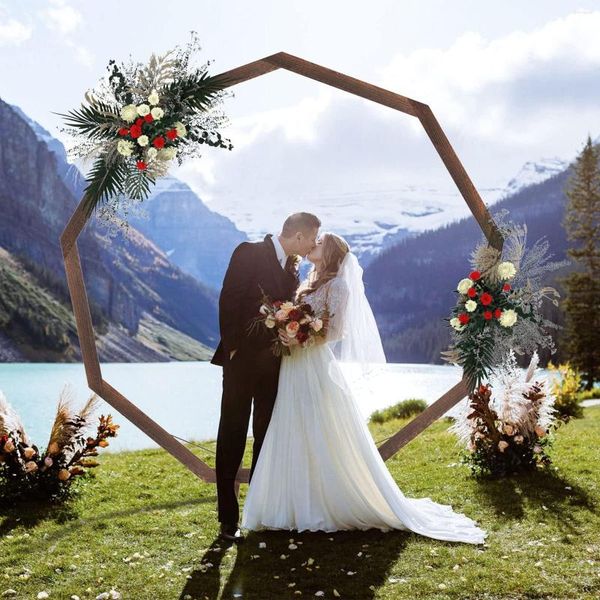 Decoração de festa 210cm arco de casamento de madeira jardim aniversário heptágono pano de fundo rústico fazenda tema cerimônia flor balão quadro com saco