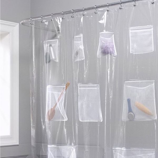 Cortinas de chuveiro cortina de banho para banheiro chuveiro plástico EVA impermeável gancho transparente branco claro banheiro cortina bolsos cortina de banho 230920