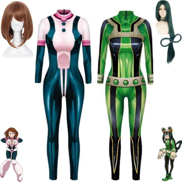 Catsuit Kostüme Anime My Hero Academia Ochaco Uraraka Asui Tsuyu Froppy Cosplay Kostüm Perücke Enge Druck Overalls Frau Sexy Karneval Anzug