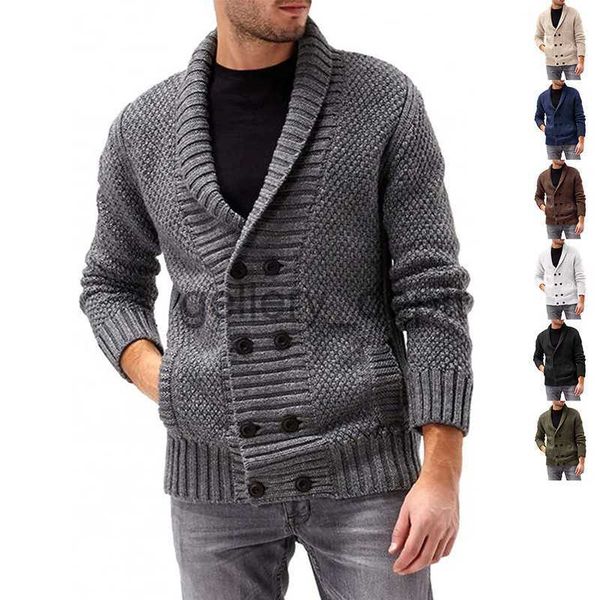 Männer Pullover 2023 Neue Pullover Strickjacke Herren Einfarbig Revers Zweireiher Lange ärmeln Gestrickte Mantel Pullover Männer J230920