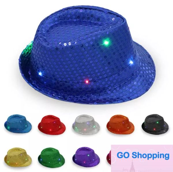 High-End-Jazz-Hüte, blinkende, leuchtende Fedora-Kappen, Pailletten-Kappe, Kostüm, Tanz, Party-Hüte, Unisex, Hip-Hop-Lampe, leuchtende Kappe