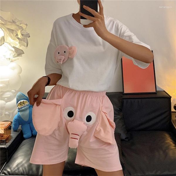 Kadınların Pijama 2023 Sevimli Komik Yaz Sweetwears Erkekler İçin Karikatür Fil Pijamaları Uyku Pijama Set Homewear Çift İki Parçalı