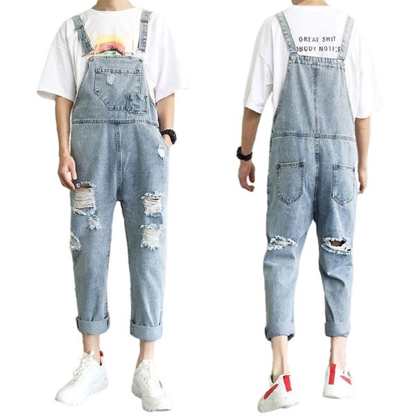 Männer Jeans Männer Hosenträger Overall Sommer Mode Lose Denim Overalls Mann Gerade Loch Neun Punkt Hosen Männliche Kleidung Plus größe S-3Xl 230920