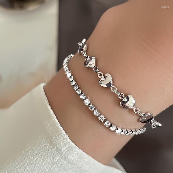 Braccialetti a maglie Timbro in argento 925 Colore doppio strato Bracciale a forma di cuore d'amore per donna Ragazza regalo Zircone quadrato Party Gioielleria raffinata quotidiana Goccia