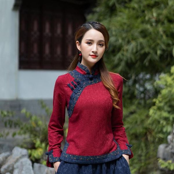 Abbigliamento etnico Camicia tradizionale cinese Qipao in lino per donna Camicie stile Cheongsam Camicetta da donna Taglie forti Abito chinoise312y