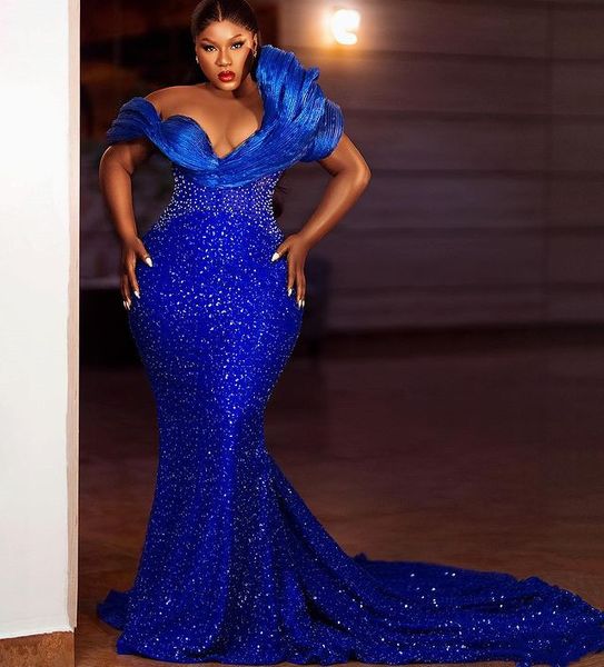 2023 Aso Ebi Арабское платье русалки Королевского синего цвета для выпускного вечера с бисером Сексуальное вечернее официальное вечернее платье Второй прием на день рождения Обручальное платье Платья Robe De Soiree ZJ381