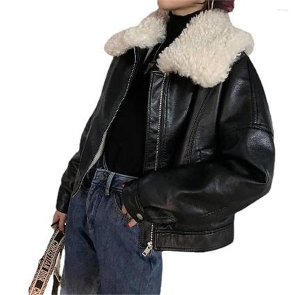 Mulheres de couro moda pu outerwear grosso quente falso shearling jaquetas casacos vintage manga longa cinto bainha feminino chiques topos